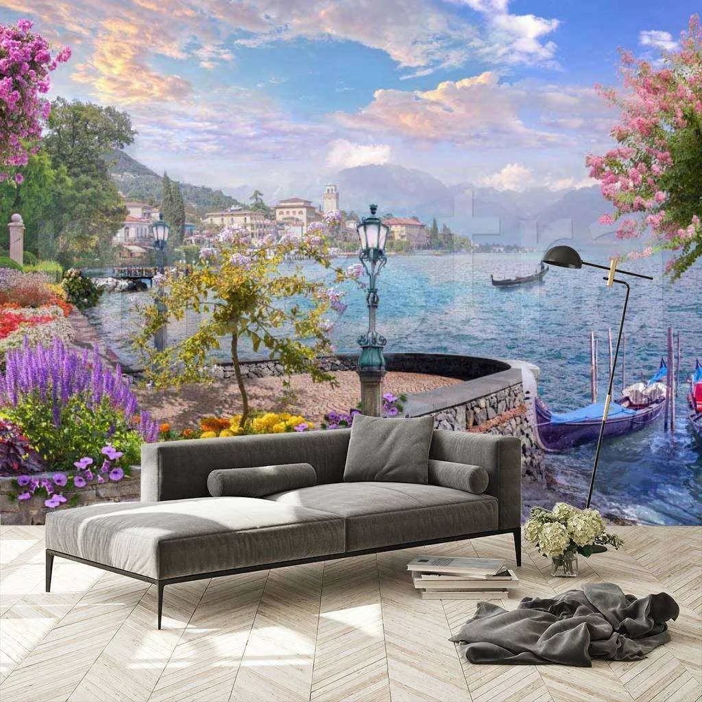 Фотообои в интерьере город на берегу с розовыми облаками  7-283 фото