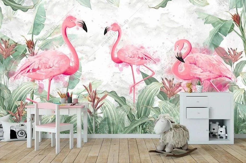 Фотообои в интерьере яркие фламинго в тропическом лесу  9-1690 фото