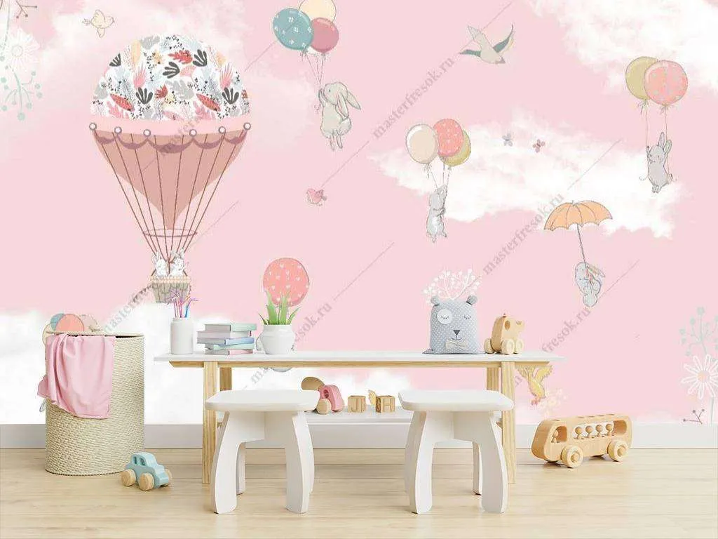 Фотообои в интерьере зайчики в облаках  14-033 фото