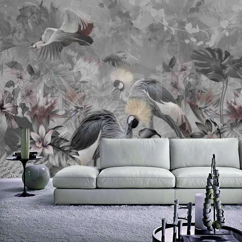 Фотообои в интерьере 3д цветы и птицы  7-709 фото