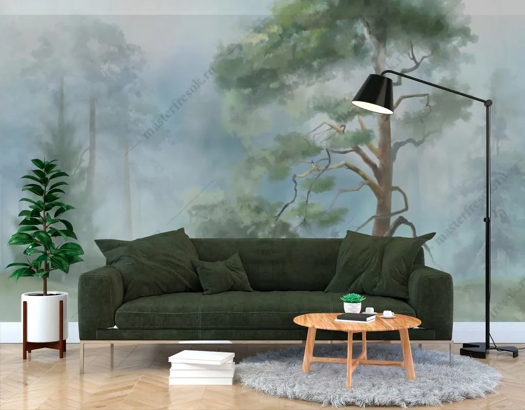 Фотообои в интерьере хвойный лес утром  13-461 фото