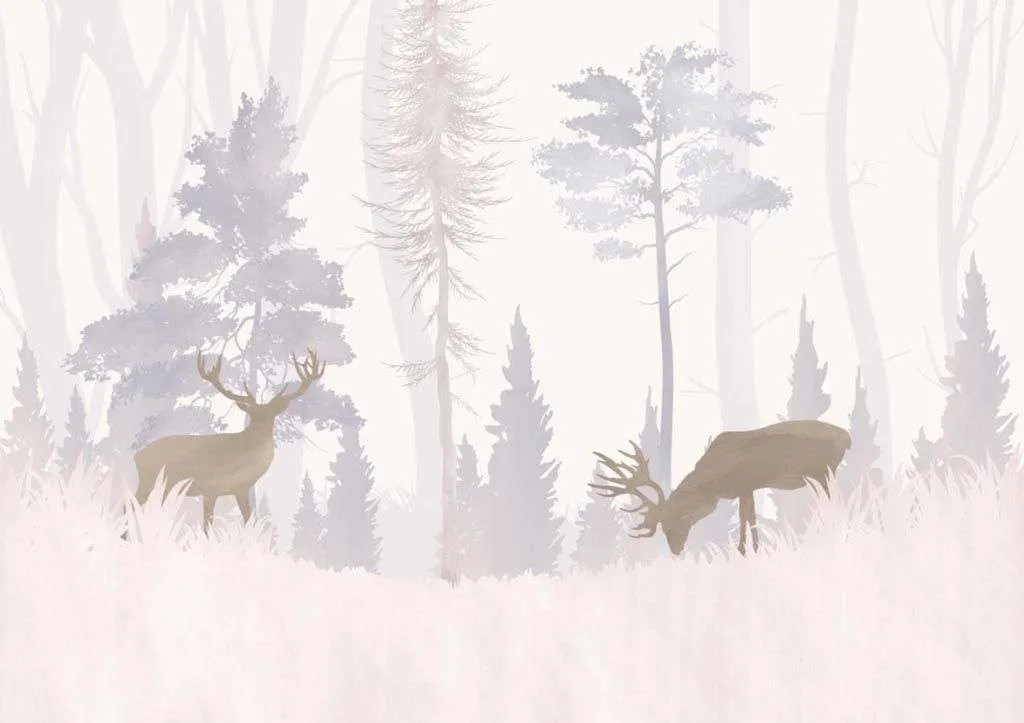 Фотообои в интерьере лес светлый с оленями  14-359 фото