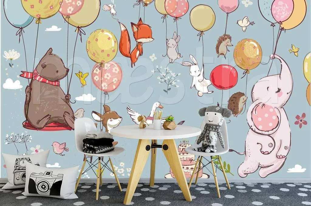 Фотообои Звери на шарах летят на голубом фоне  12-339