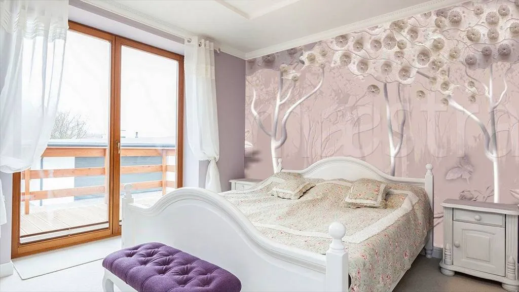 Фотообои в интерьере цветущий сад в серых тонах  7-420 фото