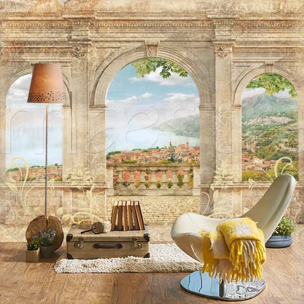 Фотообои в интерьере вид на старый город через арки  11-191 фото