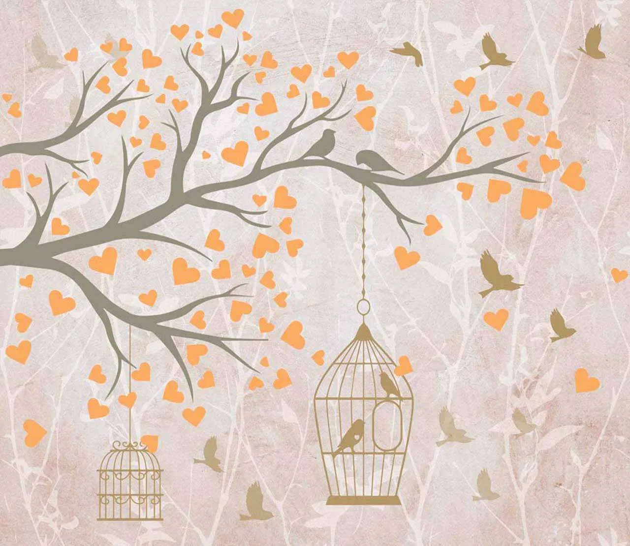 Фотообои в интерьере ветка с клеткой и птицами желтая  7-613 фото