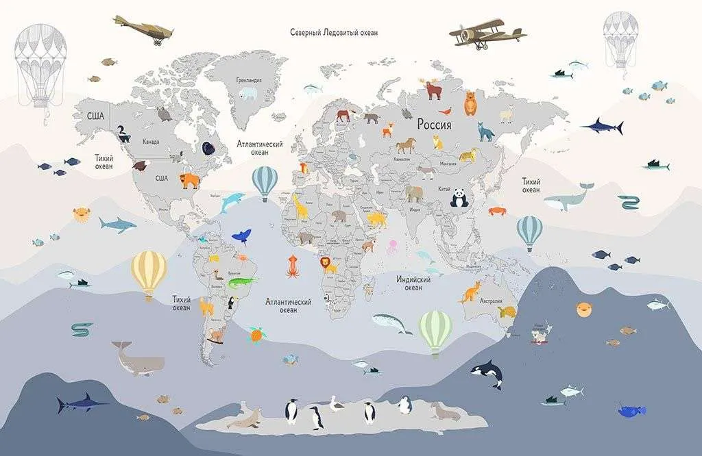 Фотообои в интерьере карта мира с животными  14-330 фото