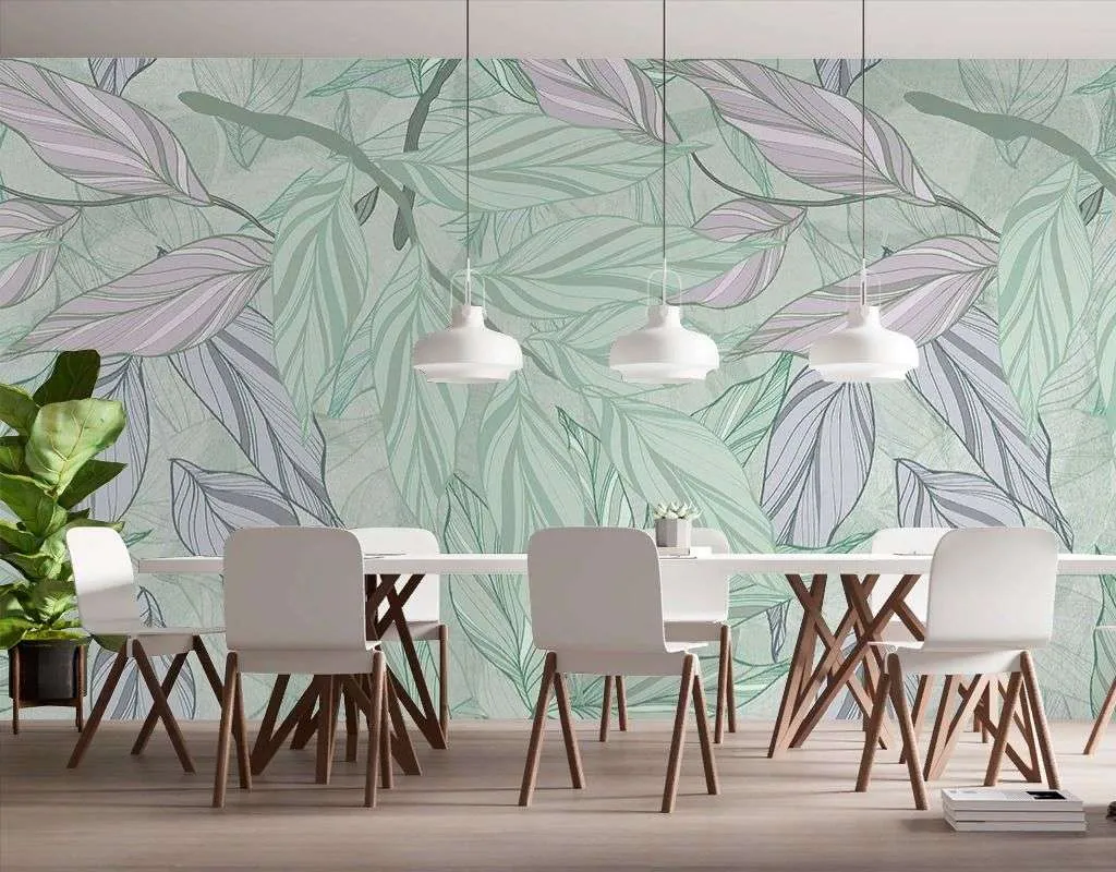 Фотообои в интерьере в спальню веточки с листьями зеленые  9-1977 фото