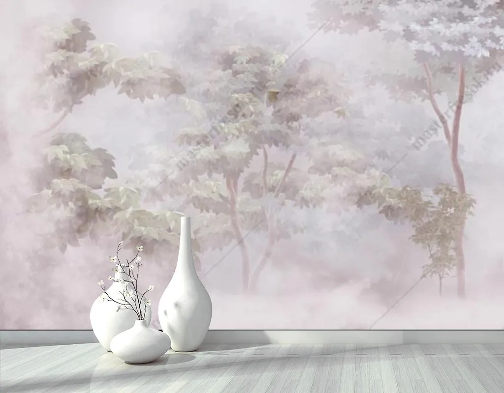 Фотообои в интерьере лес туманным утром  13-473 фото