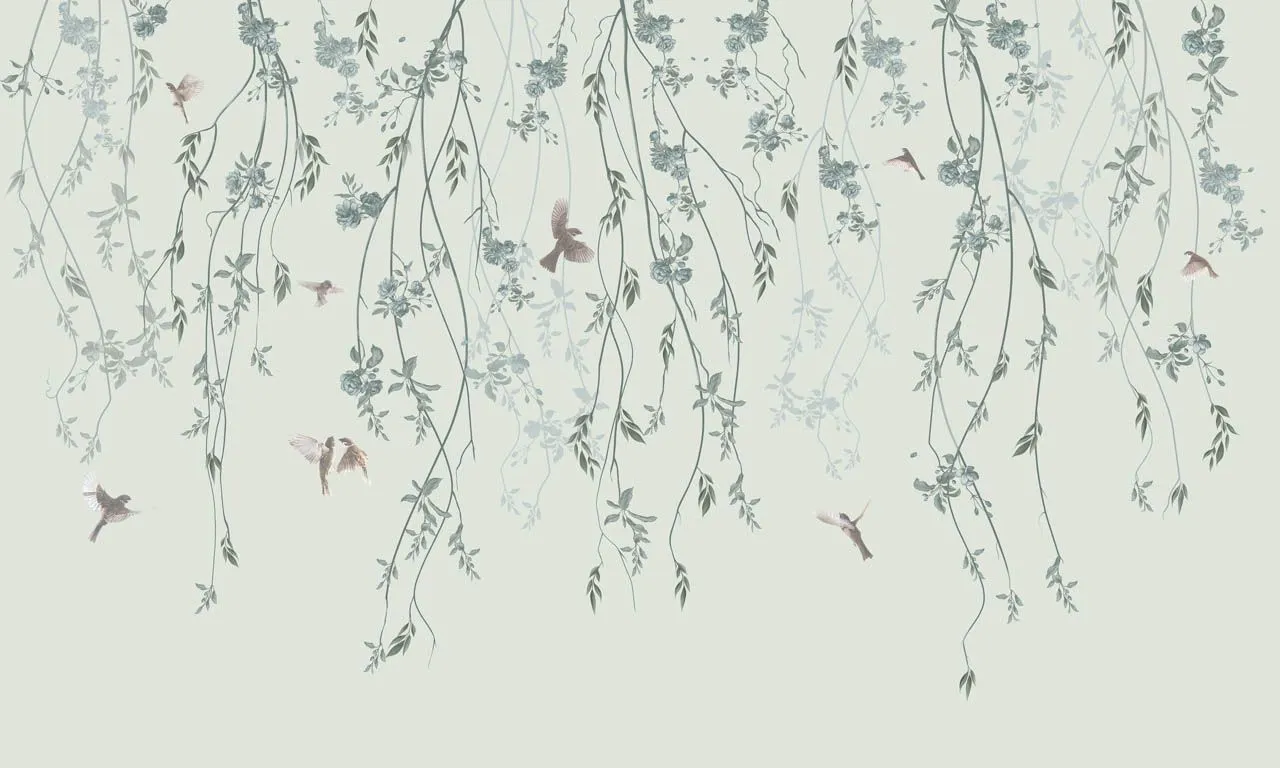 Фотообои в интерьере ветви сверху и птички  13-711 фото