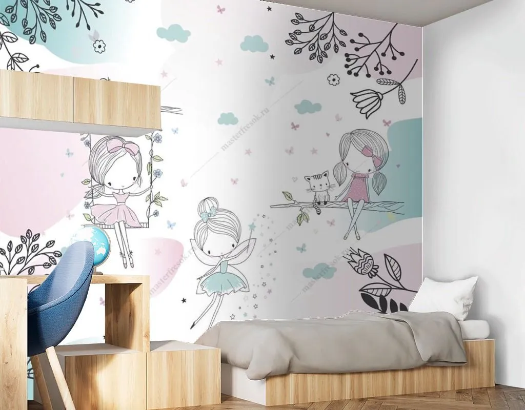 Фотообои в интерьере три феи на прогулке  14-639 фото