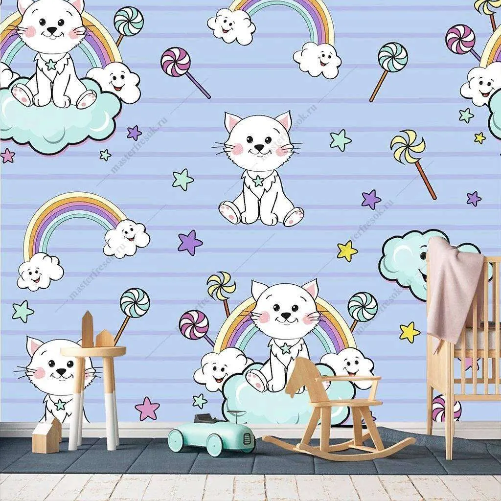 Фотообои в интерьере котята на облаках на голубом фоне  12-415 фото