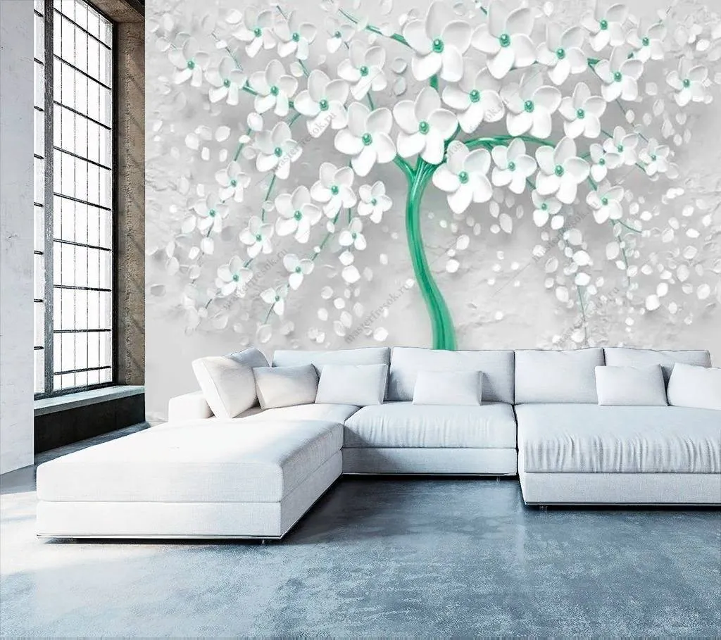 Фотообои в интерьере дерево 3д с золотыми цветами  10-741 фото