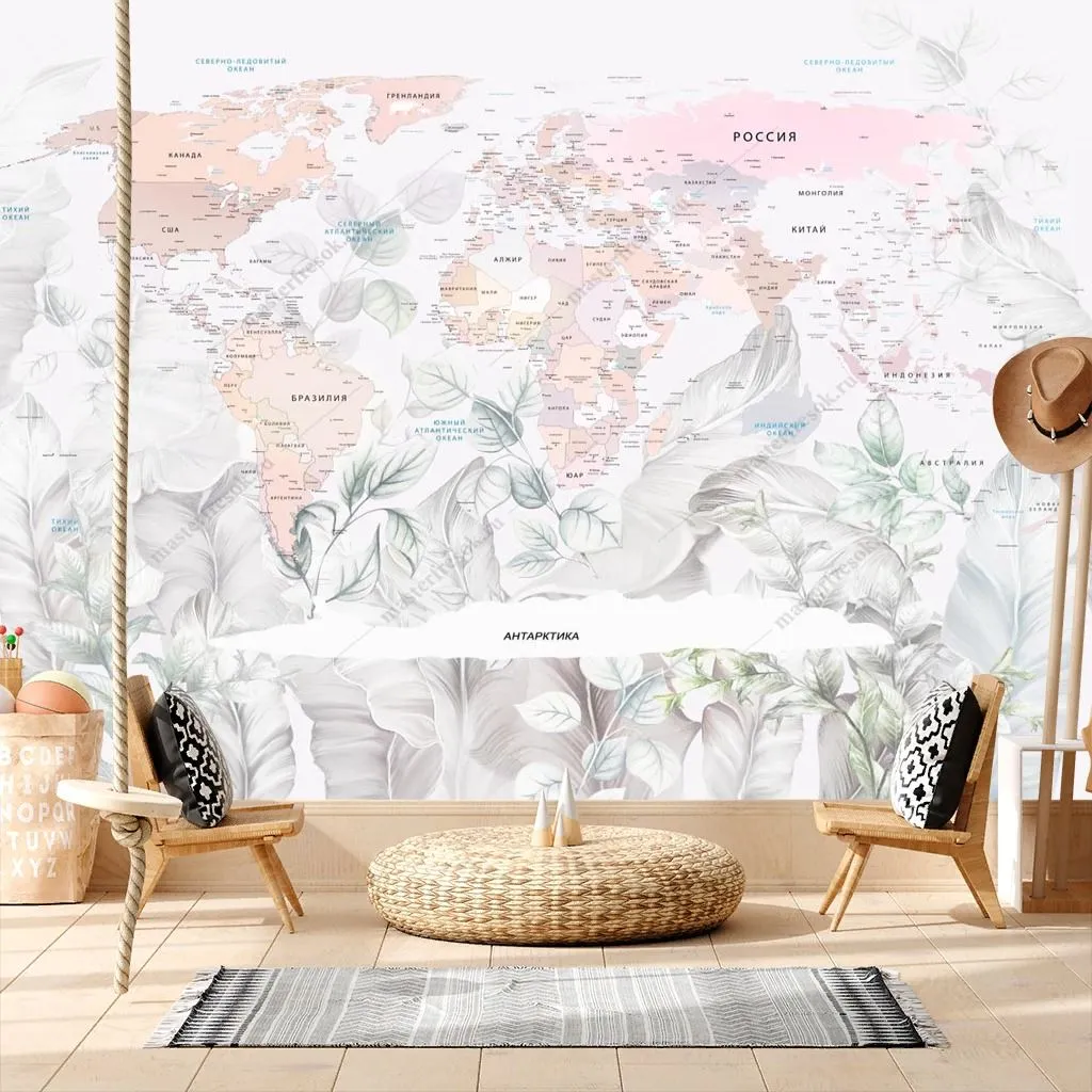 Фотообои в интерьере карта мира на фоне листьев  13-574 фото