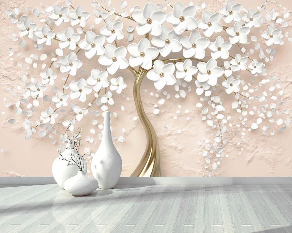 Фотообои в интерьере дерево 3д на пудровом фоне  10-888 фото