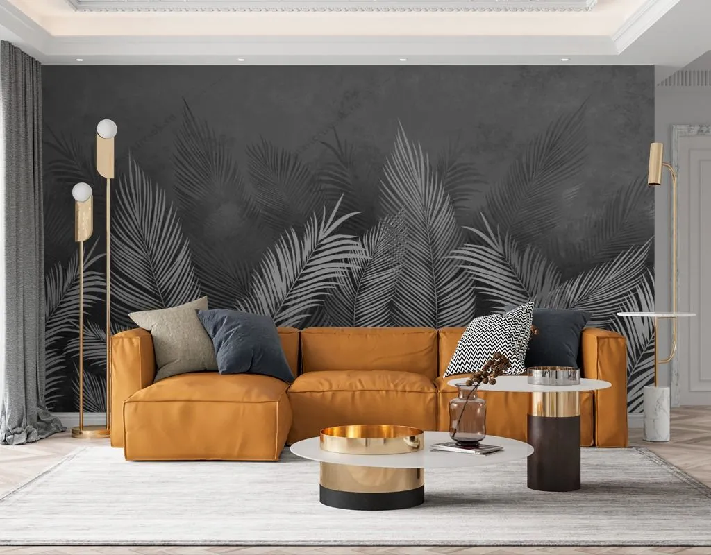 Фотообои в интерьере листья пальмы на тёмном фоне  14-466 фото