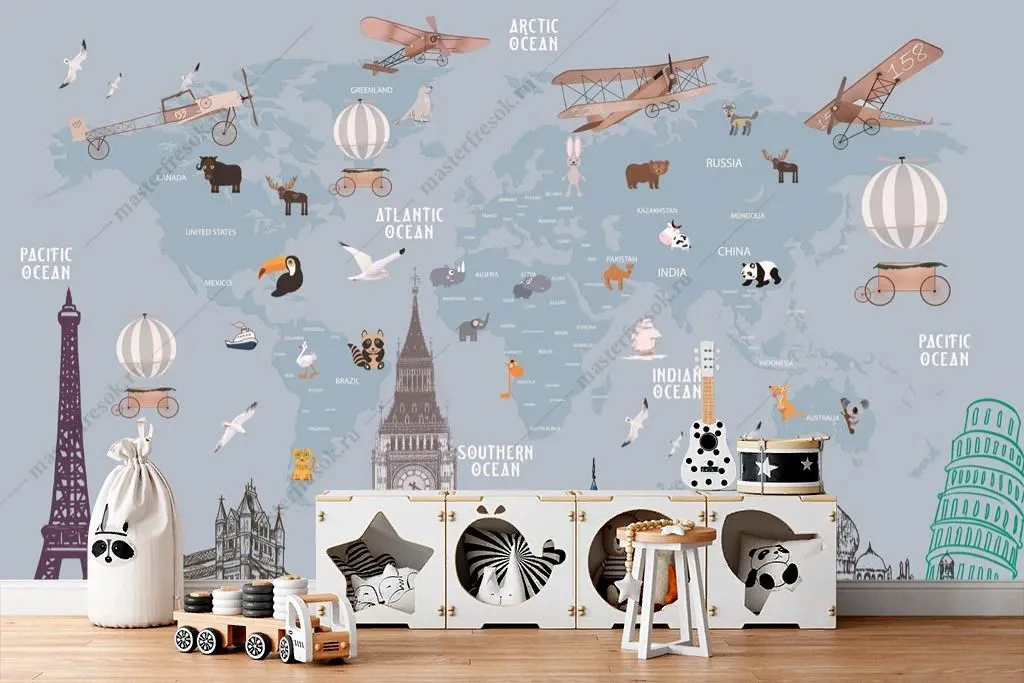 Фотообои в интерьере карта мира над городом  12-1363 фото