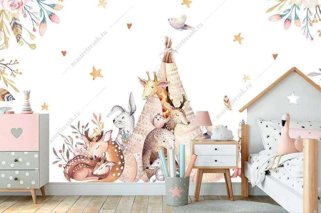 Фотообои в интерьере зверята на поляне  14-061 фото