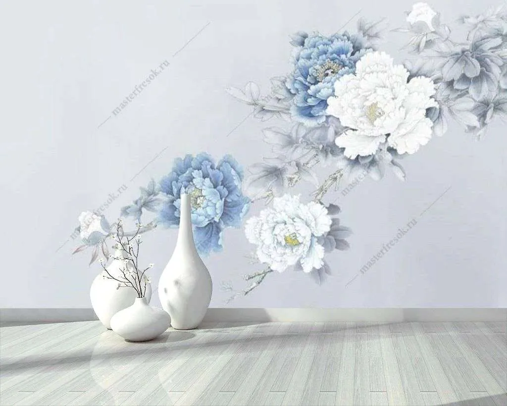 Фотообои в интерьере голубые пионы  15-907 фото