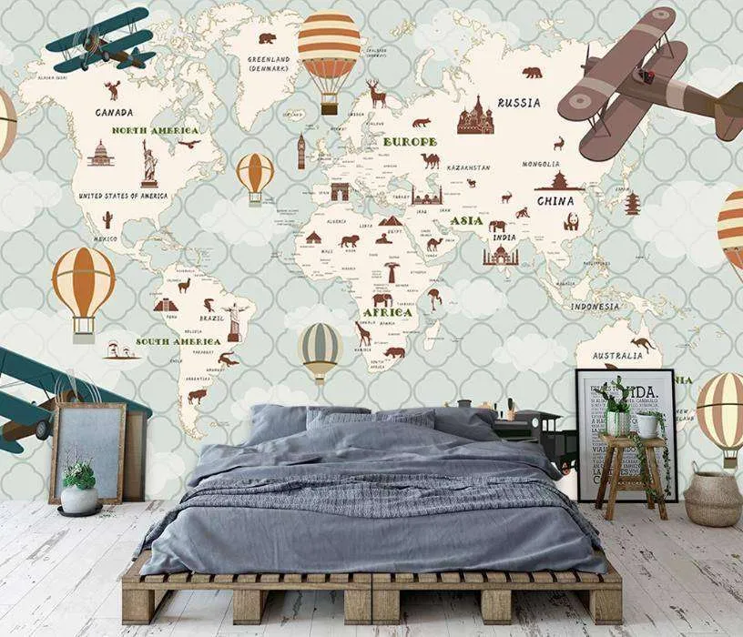 Фотообои Бесшовные обои на стену:  Карта мира и самолеты. Артикул: 15-097  
