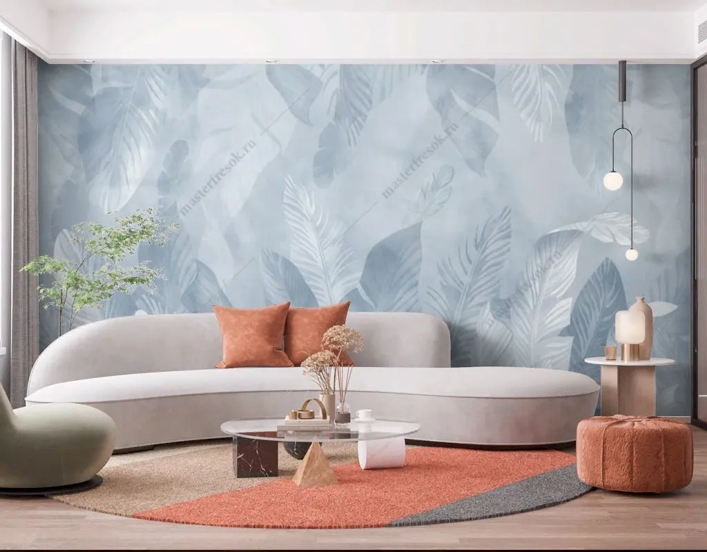 Фотообои в интерьере голубые тропические листья  14-584 фото