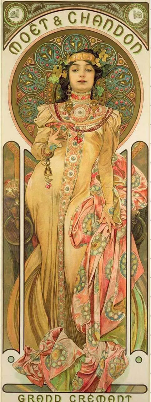 Фотообои в интерьере альфонс мариа муха – реклама шампанского  8-166 фото