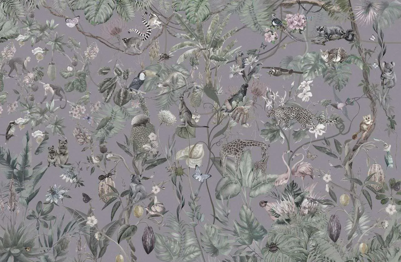 Фотообои в интерьере тропический принт на сером фоне  13-522 фото