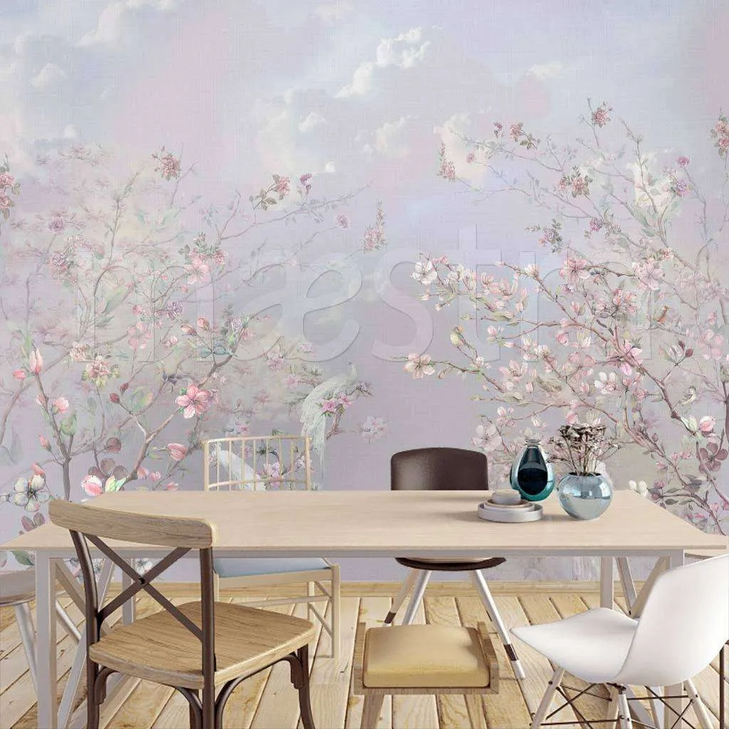 Фотообои в интерьере деревья с цветами на голубоватом фоне  7-867 фото