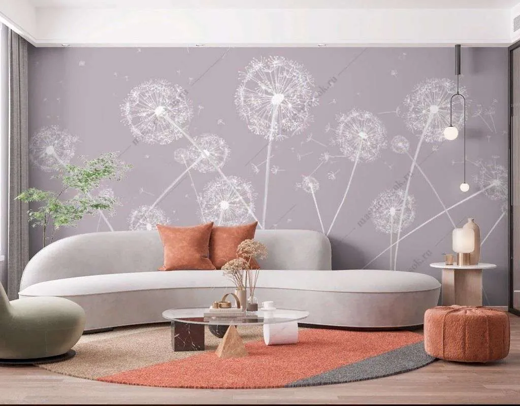Фотообои в интерьере одуванчики на розовом фоне  14-527 фото