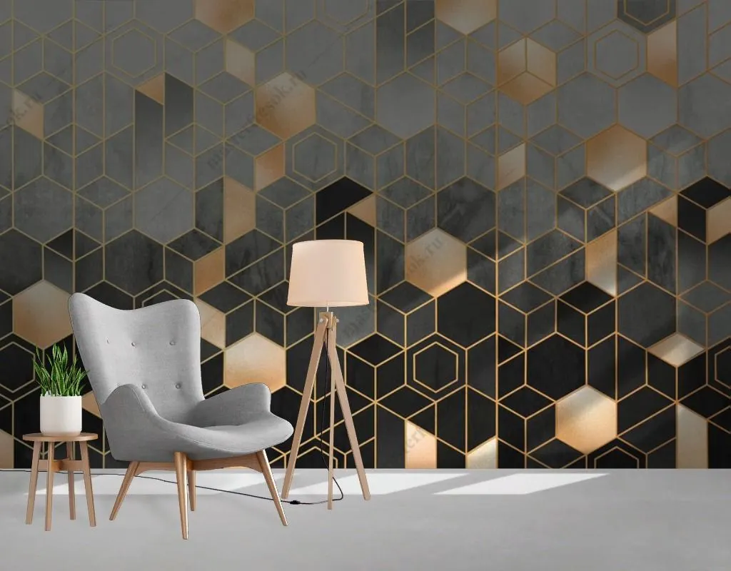 Фотообои в интерьере геометрия шестиугольники с золотом  9-1510 фото
