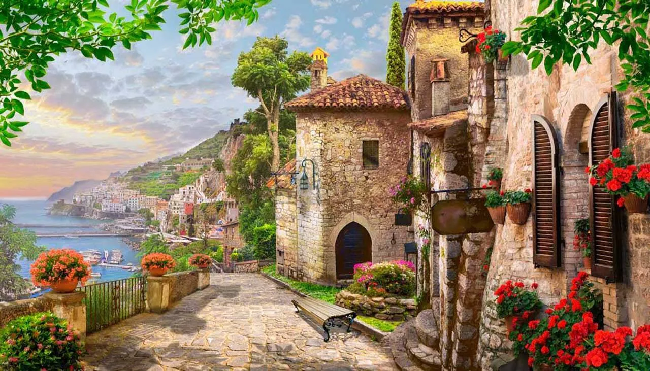 Фотообои в интерьере улочка старого города к морю  7-261 фото