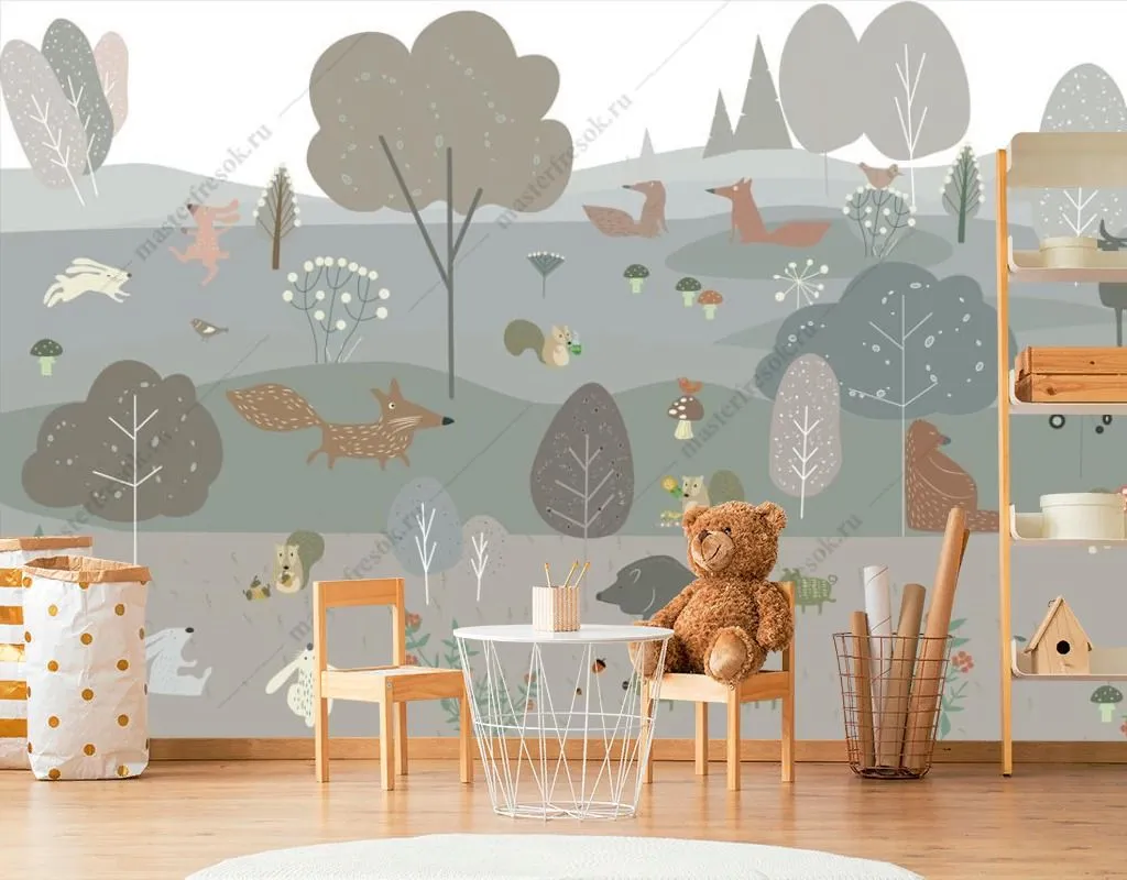 Фотообои в интерьере полянка с животными рисунок  12-1512 фото