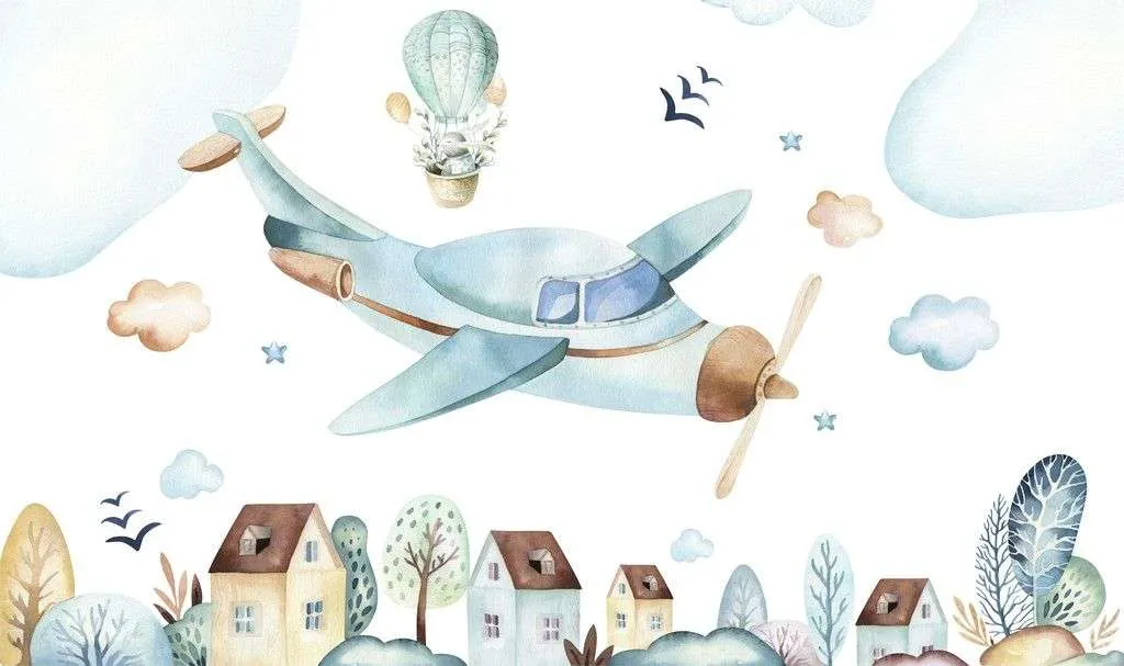 Фотообои в интерьере самолетик над городом  14-506 фото