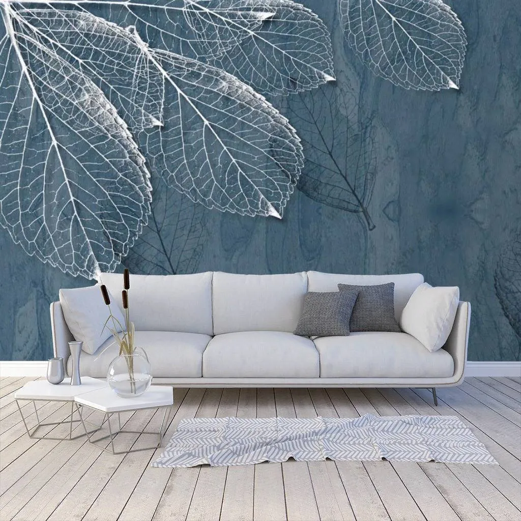 Фотообои в интерьере золотые листья на синем фоне  10-841 фото