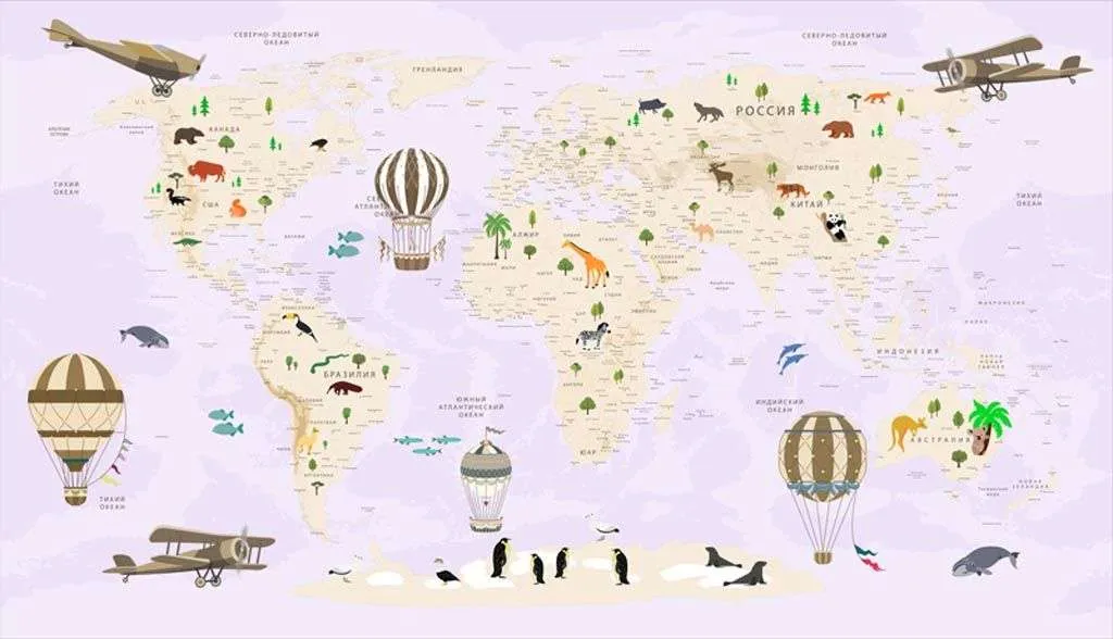 Фотообои в интерьере карта мира на русском сиреневая  12-972 фото