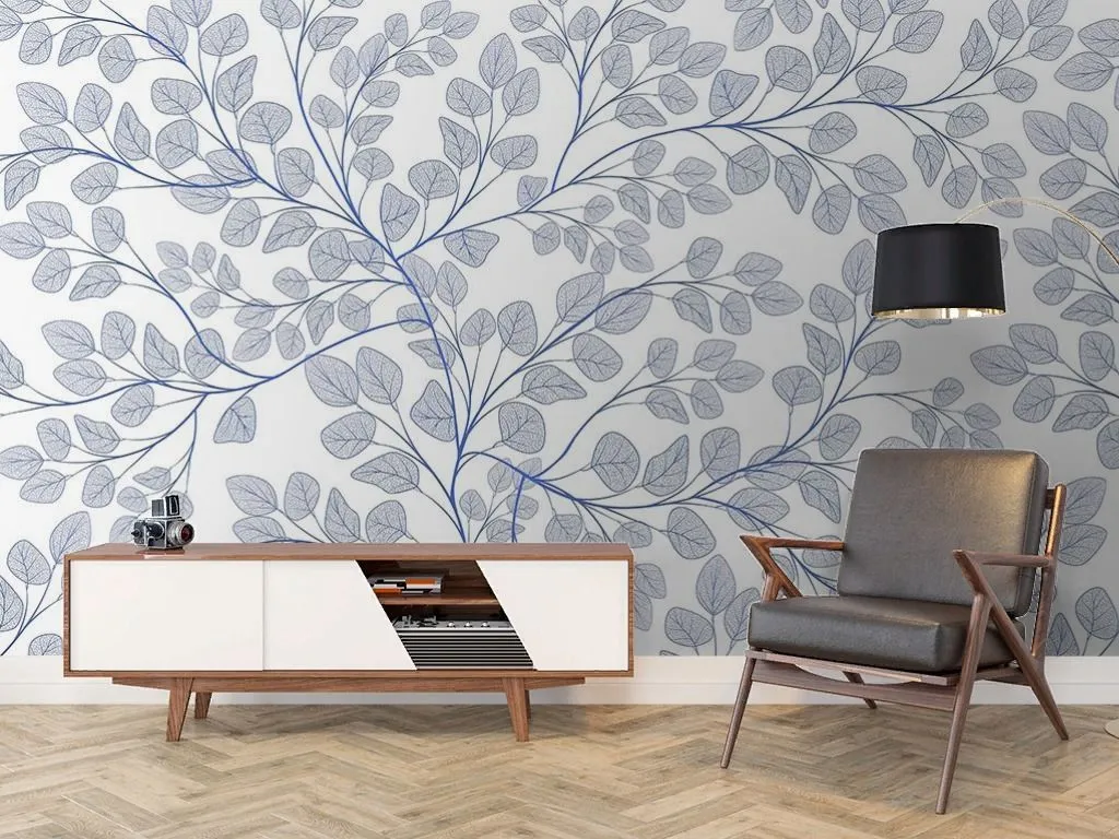 Фотообои в интерьере в спальню листочки голубые на белом фоне  9-1983 фото