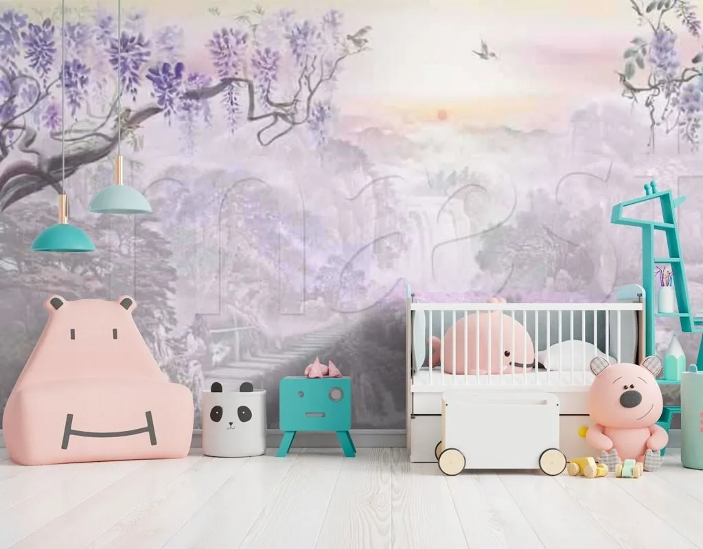 Фотообои в интерьере дерево в фиолетовом тумане  7-413 фото