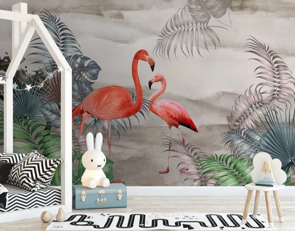 Фотообои в интерьере фламинго в папоротниках  9-2038 фото
