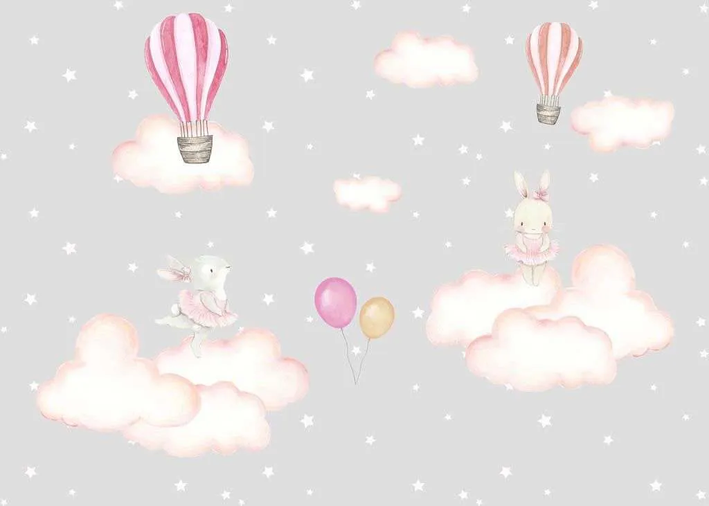 Фотообои в интерьере зайчики на воздушных облаках  12-1193 фото
