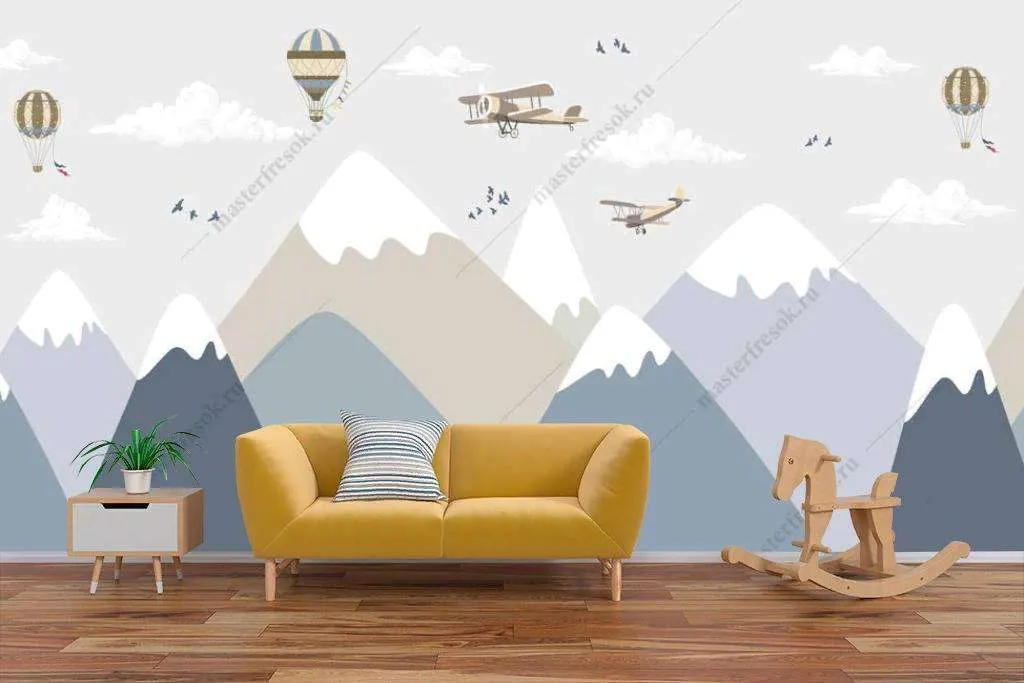 Фотообои в интерьере голубые пики и самолеты  12-1198 фото