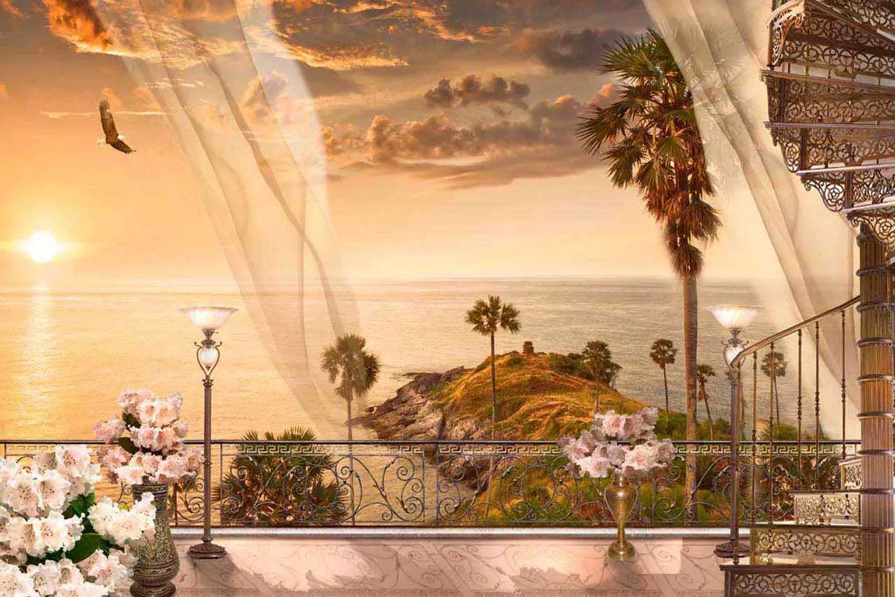 Фотообои в интерьере закат на террасе у моря  6-019 фото