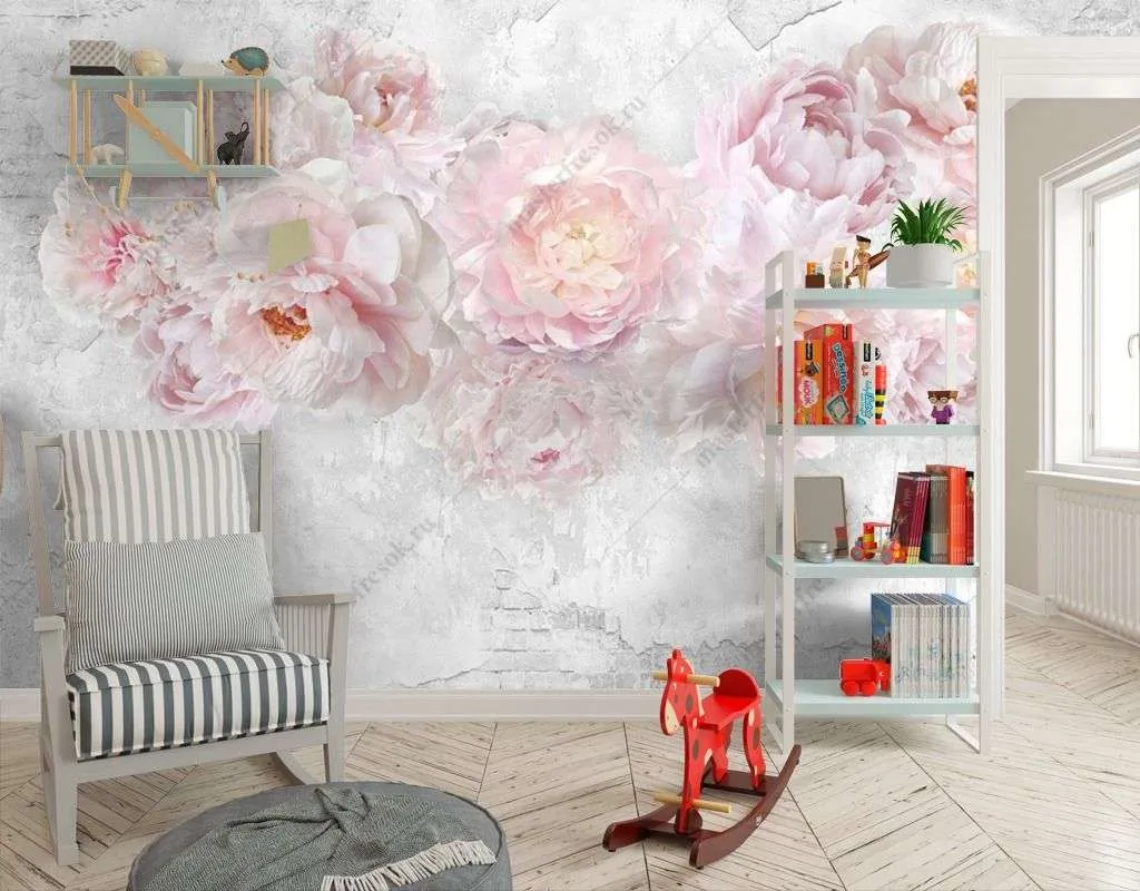 Фотообои в интерьере пионы на мраморном фоне  14-369 фото