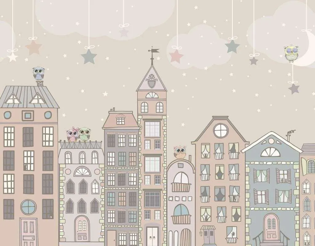 Фотообои в интерьере городок на бежевом фоне  14-533 фото