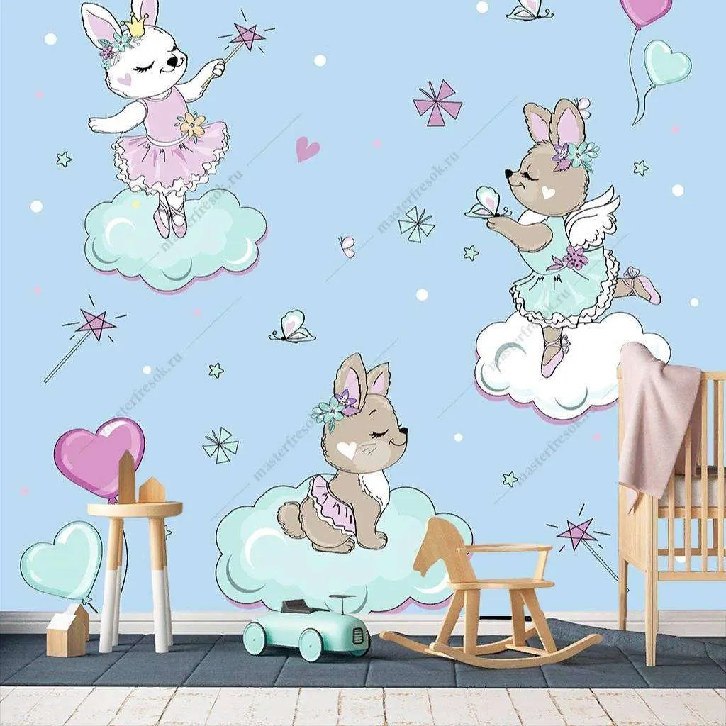 Фотообои в интерьере зверята на облаках на голубом фоне  12-418 фото