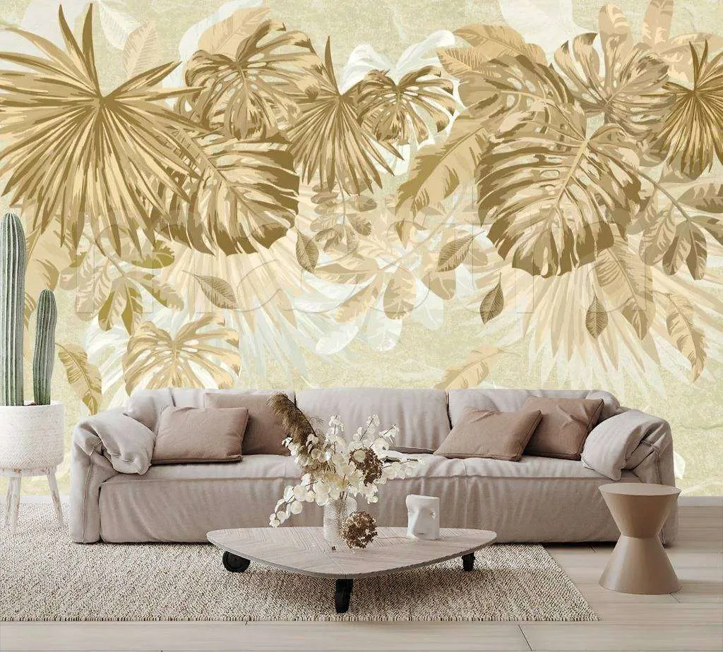 Фотообои в интерьере тропические листья на бежевом фоне  7-951 фото