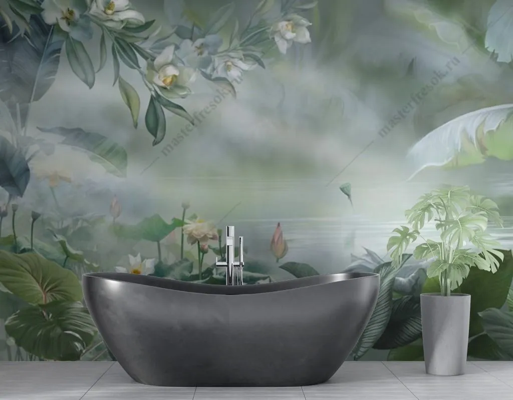 Фотообои в интерьере ярко зеленые тропики  13-471 фото