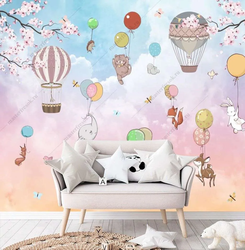 Фотообои в интерьере зверушки на воздушном шаре  14-245 фото