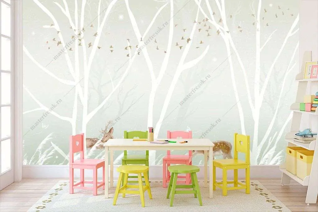 Фотообои в интерьере милые оленята в лесу  14-357 фото