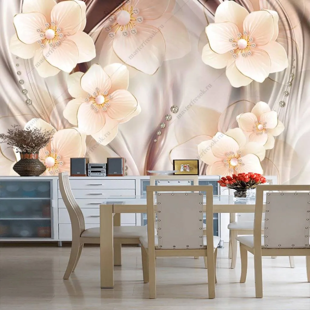 Фотообои в интерьере 3д объемные белые цветы  10-836 фото