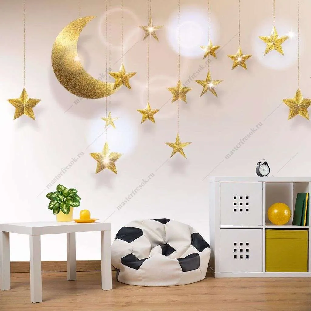 Фотообои в интерьере золотые звезды и месяц  14-213 фото